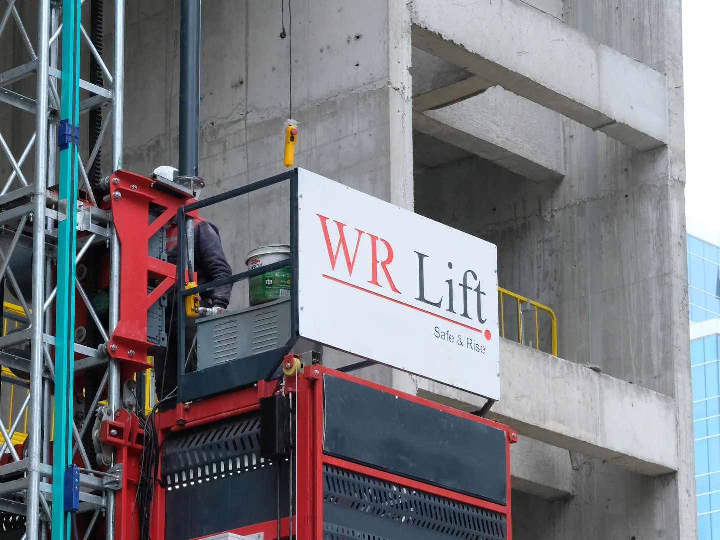 WR Lift rack-and-pinion hoist cabin on a building under construction